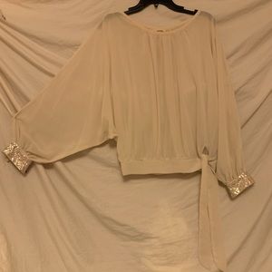 ✨⚡️💥 Mustard Seed Ivory Cold  Shoulder 3/4 Sleeved Tie Waist Blouse Top